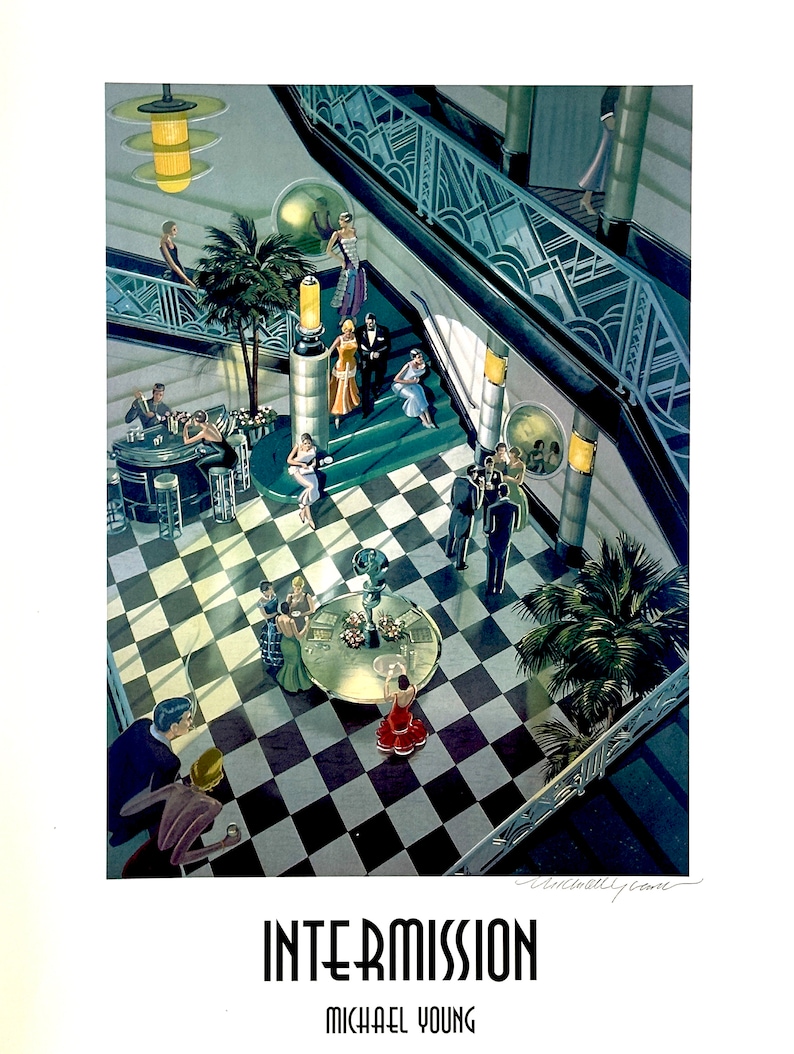 May include: A painting of a grand, art deco style lobby with a black and white checkered floor. People in formal attire are gathered in the lobby, with a staircase leading up to a balcony. The painting is titled "Intermission" by Michael Young.