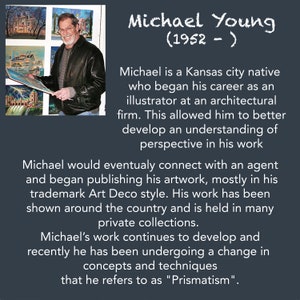 May include: A portrait of Michael Young, an artist, holding a painting of a building. The text below the image reads "Michael Young (1952 -)". The text describes Young's career as an illustrator and his artwork, which is mostly in the Art Deco style.