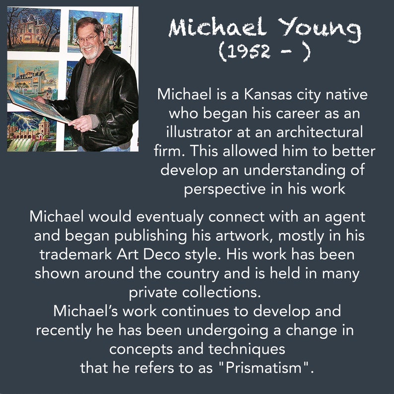 May include: A portrait of Michael Young, an artist, holding a painting of a building. The text below the image reads "Michael Young (1952 -)". The text describes Young's career as an illustrator and his artwork, which is mostly in the Art Deco style.