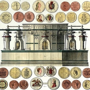 Może przedstawiać: Szczegółowa ilustracja maszyny do bicia monet z różnymi monetami z różnych krajów i okresów. Maszyna posiada dwie duże prasy i złożony system kół zębatych i dźwigni. Monety są ułożone w rzędach wokół maszyny, prezentując różne wzory i napisy. Obraz jest historycznym przedstawieniem procesu bicia monet.