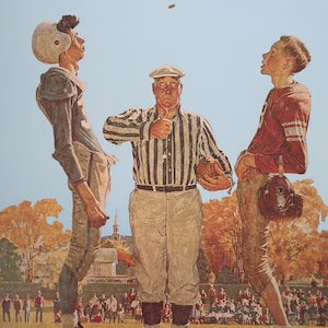 May include: A painting depicting a football referee in a black and white striped shirt standing between two football players in uniforms. The referee holds a football and signals with a thumb up while the players look up at a coin in the air.