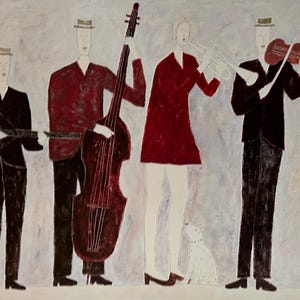 May include: An abstract painting depicts a jazz band. Four figures in suits and hats play instruments: guitar, double bass, trumpet, and violin. The color palette includes black, red, and white, creating a stylized, minimalist aesthetic.