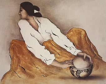 Pottery Keeper, 1977 - Exceptional Southwest Art Print after an Original Stone Lithograph by R.C. Gorman - FREE SHIPPING