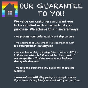 May include: A graphic with a rainbow house icon and the text "OUR GUARANTEE TO YOU". The text below explains the seller's guarantee to customers, including quick processing, accurate descriptions, sturdy packaging, and a return policy.