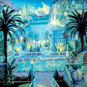Party Cove di Michael Young - Stampa artistica in stile Art Déco contemporaneo firmata dall&#39;artista - SPEDIZIONE GRATUITA negli Stati Uniti continentali