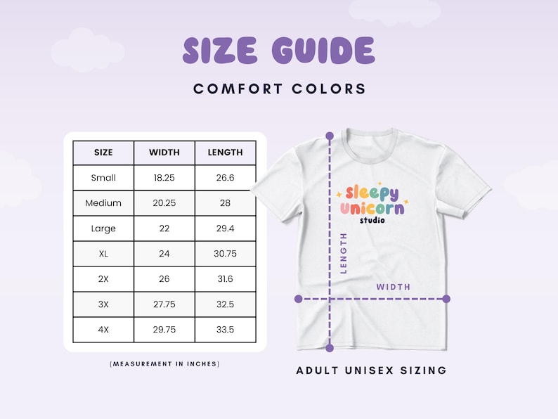 May include: White adult unisex t-shirt with the text "sleepy unicorn studio" in colourful lettering. A size guide shows measurements in inches for sizes small to 4X. The background is a light purple with cloud graphics.