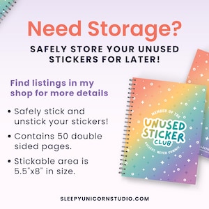 a spiral notebook with the words, need storage? safely store your unused stickers