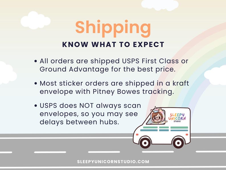 a van driving down a road with a rainbow in the background