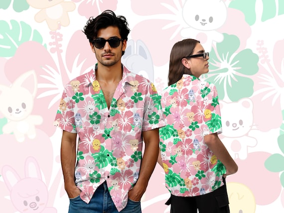 SKZOO Hawaiian Shirt, Stray Kids Unisex Button-down, Pink Kpop Fan