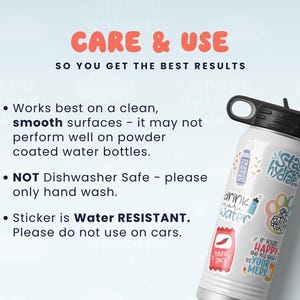 text and a water bottle with various stickers on it, along with some instructions.