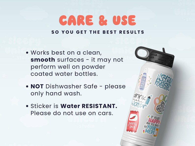 text and a water bottle with various stickers on it, along with some instructions.