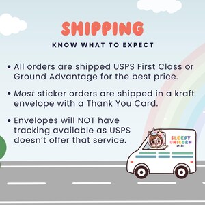 The image is a text-based illustration that provides information about shipping services. It includes a white van with a "SLEEPY UICORN" logo, a rainbow, and a road.