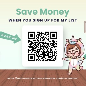 a qr code with a cartoon character next to it