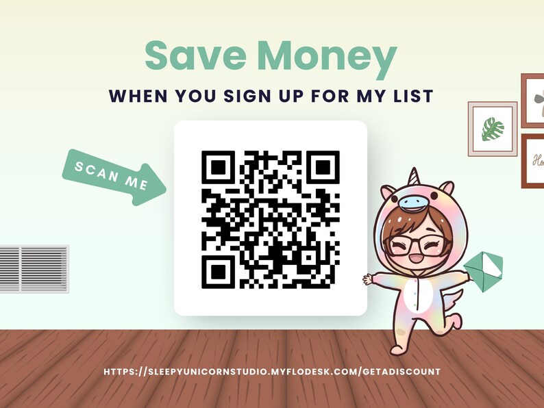 a qr code with a cartoon character next to it