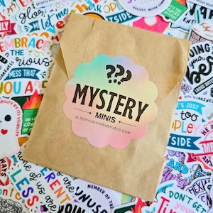 May include: A brown paper bag filled with colorful stickers. The bag has a sticker on the front that says "??? Mystery Minis SleepyUnicornStudio.com".