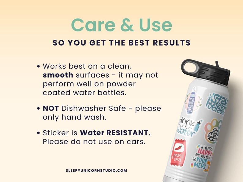 a water bottle with the words care and use on it