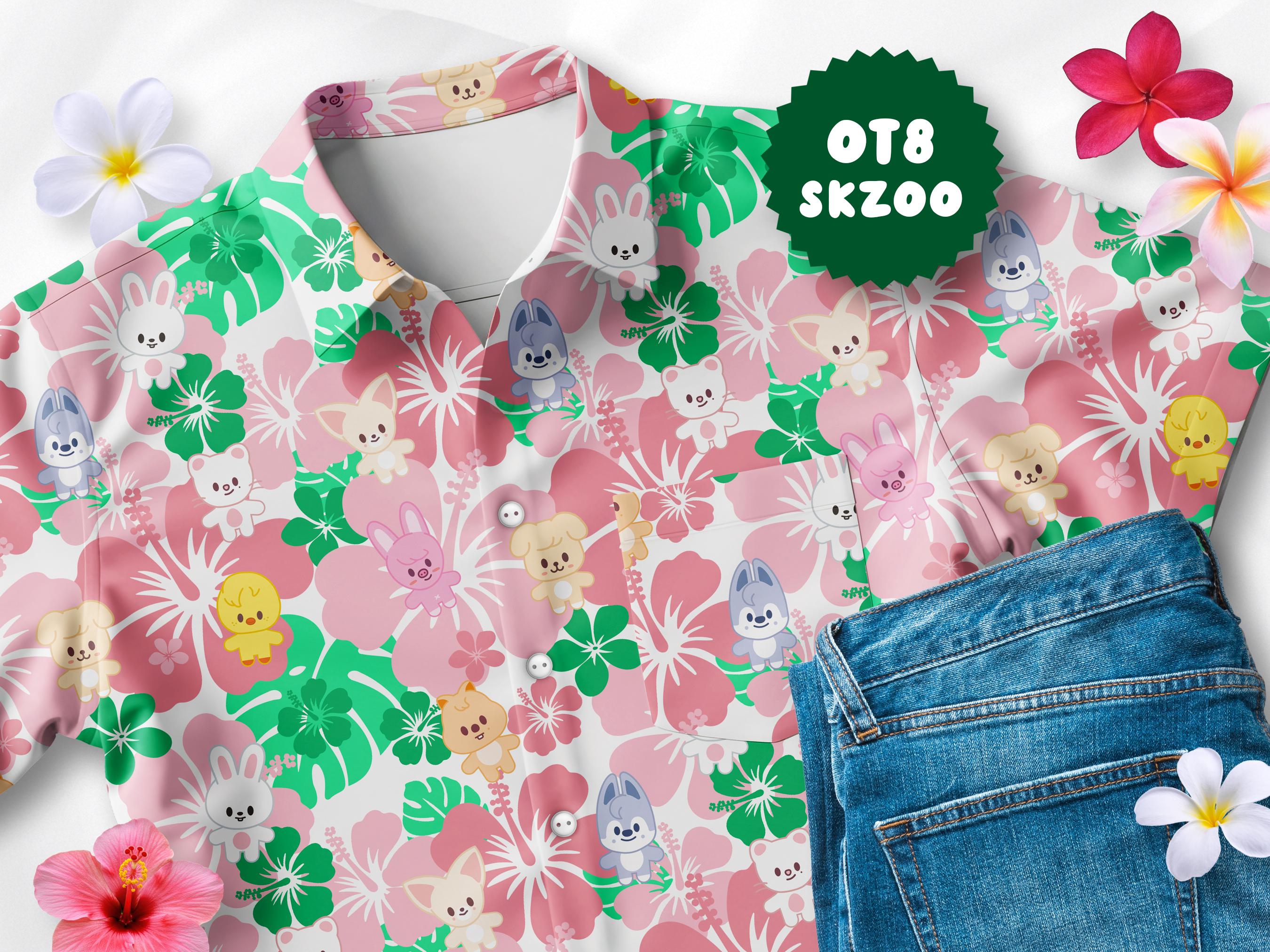 SKZOO Hawaiian Shirt, Stray Kids Unisex Button-down, Pink Kpop Fan