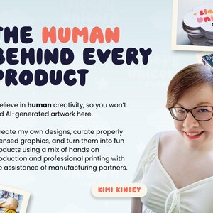 The image is a collage featuring a woman with glasses and a white top, along with various other images, including a logo for "SLEEPY UNICORN STUDIO".