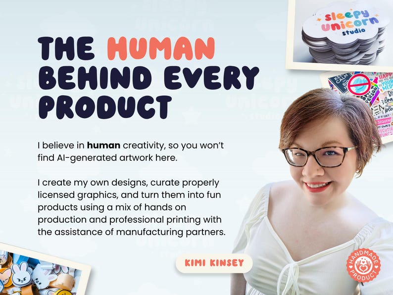 The image is a collage featuring a woman with glasses and a white top, along with various other images, including a logo for "SLEEPY UNICORN STUDIO".