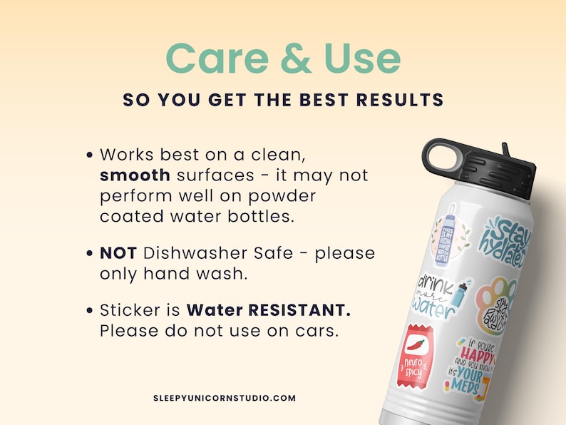 a water bottle with the words care and use on it