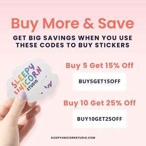 a hand holding a sticker that says buy more and save