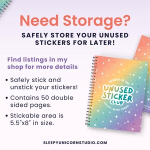 a spiral notebook with the words, need storage? safely store your unused stickers