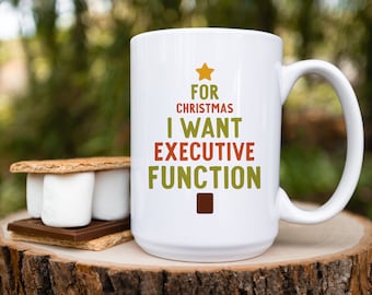 Executive Function ADHD Christmas Mug gift for Neurodivergent, Ceramic Mug White Elephant Present Idea, 15oz Large Holiday Print Coffee Mug