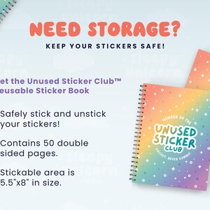 The image is an advertisement for a reusable sticker book, featuring a colorful design with a question about storage.