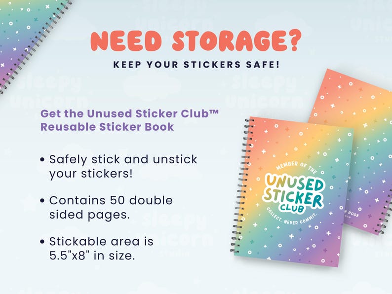 The image is an advertisement for a reusable sticker book, featuring a colorful design with a question about storage.