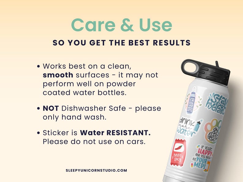 a water bottle with the words care and use on it