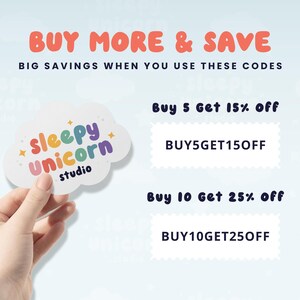 a hand holding a cloud-shaped sticker with the text "SLEEPY UNICORN STUDIO" on it. The sticker is set against a light blue background, and there are three different offers or discounts available for purchasing the sticker.