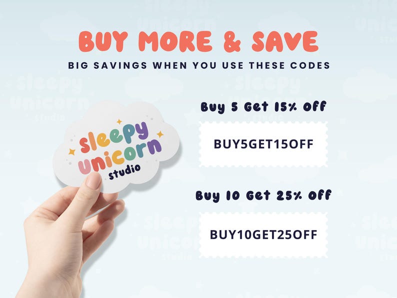 a hand holding a cloud-shaped sticker with the text "SLEEPY UNICORN STUDIO" on it. The sticker is set against a light blue background, and there are three different offers or discounts available for purchasing the sticker.