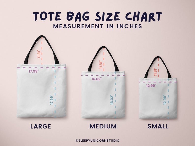 May include: A tote bag size chart showing three white tote bags with black handles. The bags are labeled Large, Medium, and Small, with measurements in inches. The Large bag is 17.99" wide and 17.99" tall. The Medium bag is 16.02" wide and 16.02" tall. The Small bag is 12.99" wide and 12.99" tall.