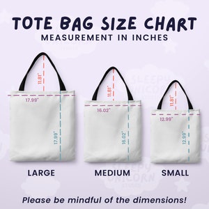 May include: A size chart for tote bags showing three different sizes: large, medium, and small. The bags are white canvas with black handles. The measurements are in inches.