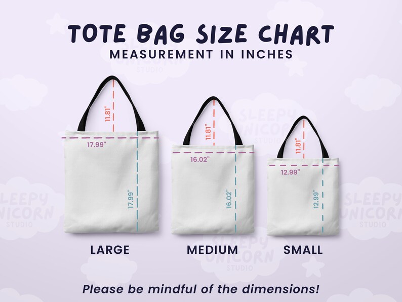 May include: A size chart for tote bags showing three different sizes: large, medium, and small. The bags are white canvas with black handles. The measurements are in inches.