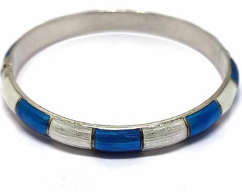 Vintage 1980s blue and white 925 silver enamel bangle bracelet