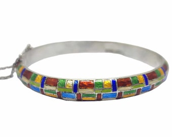 Multicolored enamel and 925 silver bangle bracelet, vintage from the 1980s