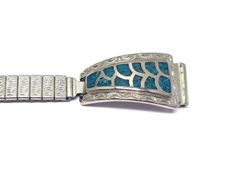 Turquoise steel expandable watch bracelet - vintage 1980s - Native American