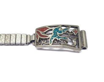 Expandable watch bracelet in turquoise and coral, Native American style - vintage 1980s - Native American