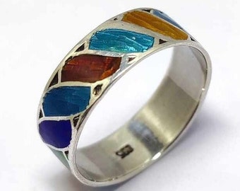Enamel and 925 silver ring, vintage from the 1980s