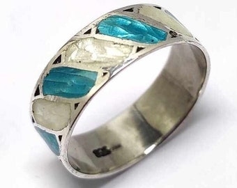 Blue and white enamel ring, in 925 silver, vintage from the 1980s