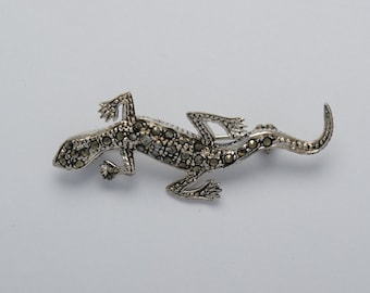 Vintage antieke zilveren en markasiet broche, hagedis broche