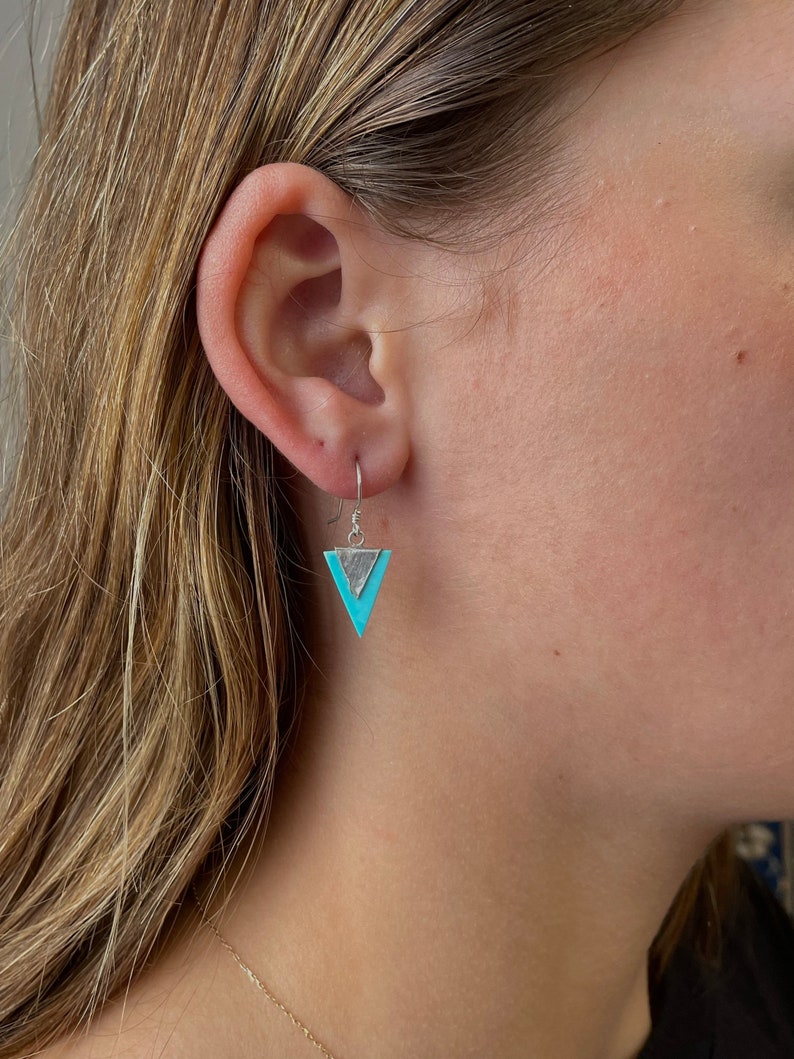 Pendientes naturales de turquesa y plata, pendientes vintage, turquesa real, pendientes triangulares imagen 3