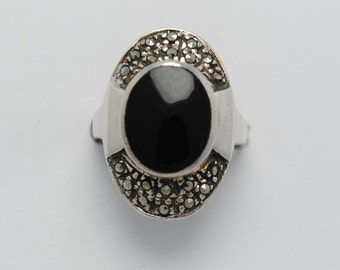 Vintage rings, marcasite ring, onyx ring, women ring, vintage silver ring, blakc onyx, women rings, women silver ring