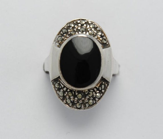 Bague vintage femme en onyx, marcassite et argent 925, bague femme, bague femme taille 50, bague argent vintage, bague onyx femme