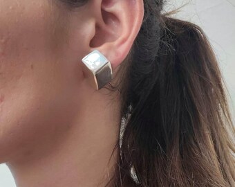 925 Sterling Silver Earrings - 9.5g - Vintage 3D Cube Earrings