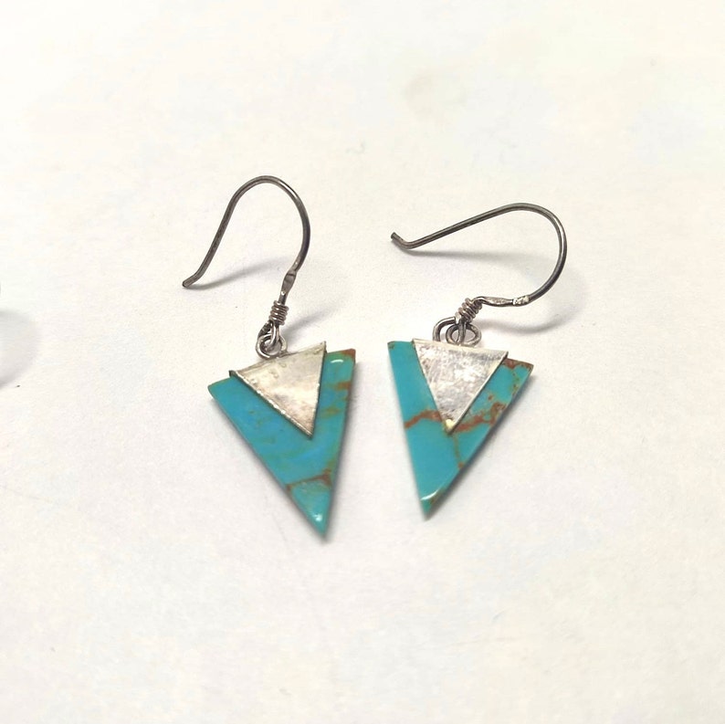 Pendientes naturales de turquesa y plata, pendientes vintage, turquesa real, pendientes triangulares imagen 2
