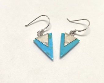 Boucles d'oreilles turquoise naturelle et argent, boucles d'oreilles vintage, turquoise véritable, boucles d'oreille triangle