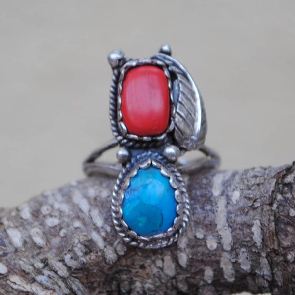 Coral and turquoise ring, vintage turquoise ring, native american ring, turquoise coral ring, native american jewelry, turquoise jewelry