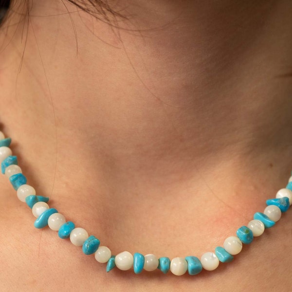 Collier en turquoise et nacre naturelle vintage pour femme, collier en pierre naturelle